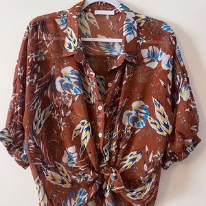 Ces Femme Burnt Orange/Rust Brown Floral Button-up Blouse. Sheer. Like NEW